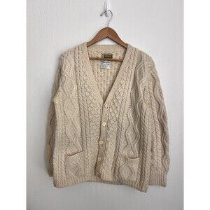 Vtg Cream Knit Aran Irish Wool Fisherman Sweater Cardigan Cable Knit V Neck L